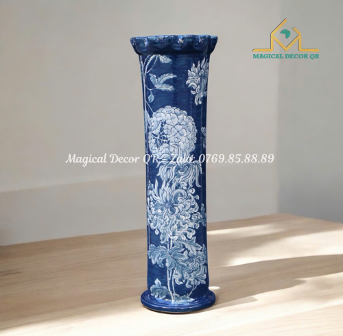 Blue patterned ceramic vase, cylinder shape (40cm)