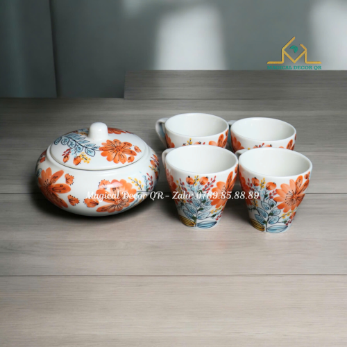 Patterned bowl + 4 ceramic cups