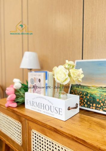 Wooden basket with handle - white